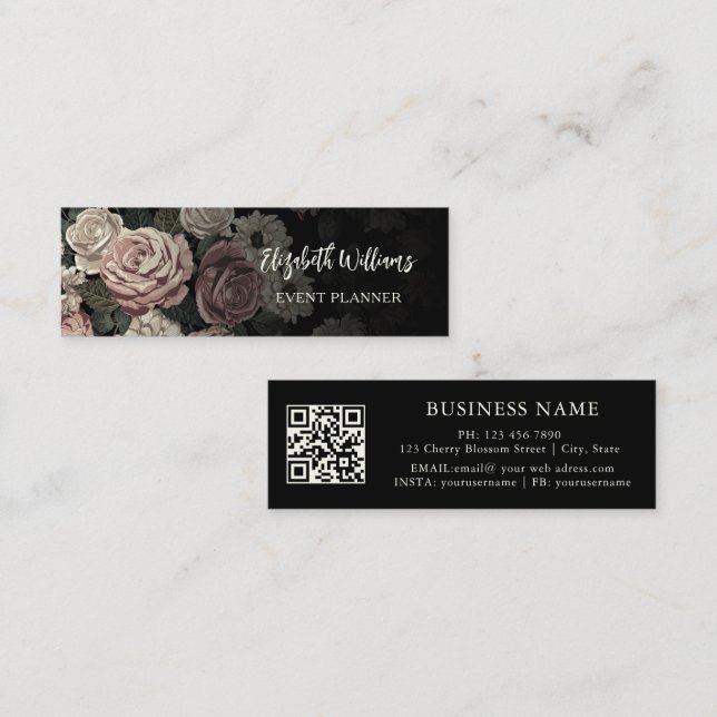 Cartão De Visita Mini Código QR | Rosas Cor-de-Rosa Preto (Frente/Verso)