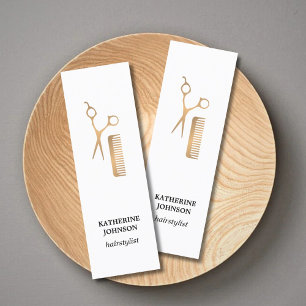 Cartão De Visita Mini Comb de Tesouras Douradas de Fragmento Branco Eleg