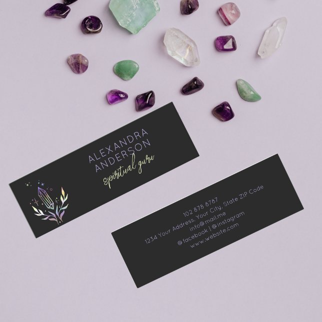 Cartão De Visita Mini Cristais Espiritais Holográficos Preto Místico (Holographic Spiritual Crystals Mystic Black Mini Business Card)