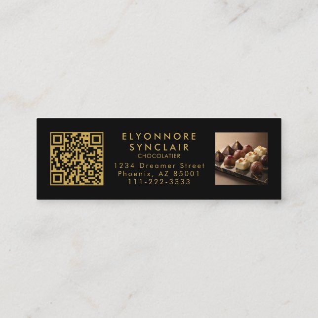 Cartão De Visita Mini Elegant Black Gold Script Chocolatier Qr Code (Verso)