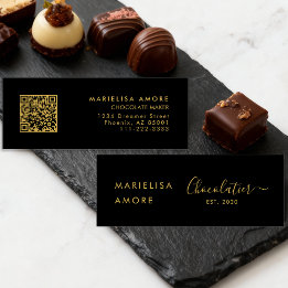 Cartão De Visita Mini Elegant Black Gold Script Chocolatier Qr Code