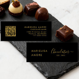 Cartão De Visita Mini Elegant Black Gold Script Chocolatier Qr Code