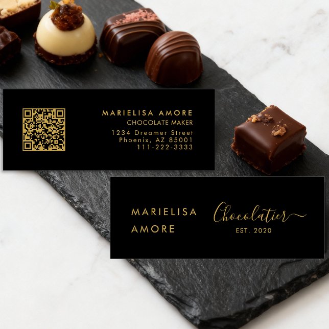 Cartão De Visita Mini Elegant Black Gold Script Chocolatier Qr Code (Criador carregado)