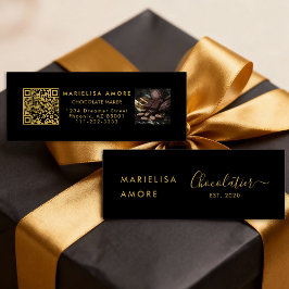 Cartão De Visita Mini Elegant Black Gold Script Chocolatier Qr Code
