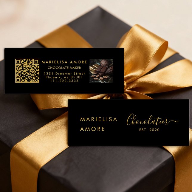 Cartão De Visita Mini Elegant Black Gold Script Chocolatier Qr Code (Criador carregado)