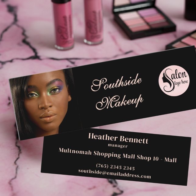 Cartão De Visita Mini Elegant Black Pink Script Photo Mini Business (Criador carregado)