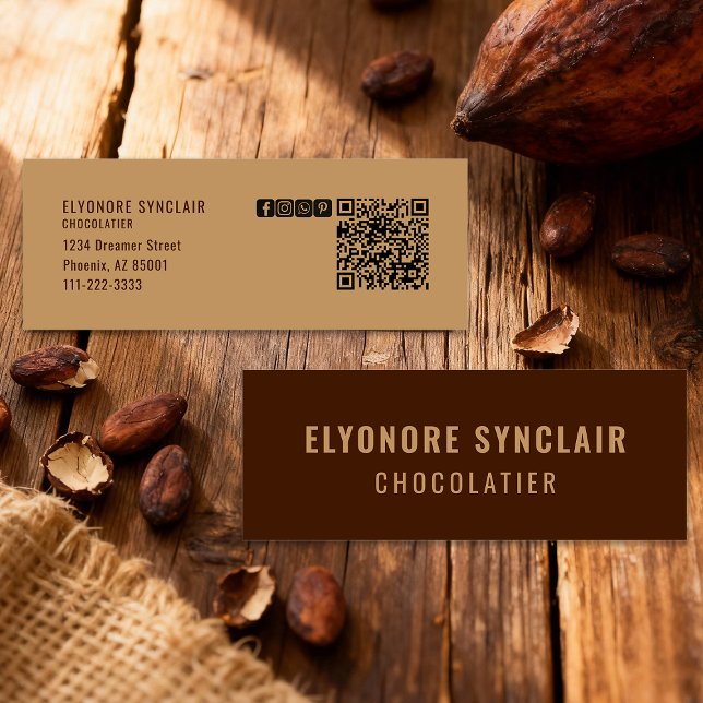Cartão De Visita Mini Elegant Brown Chocolatier Social Icon QR Code  (Criador carregado)