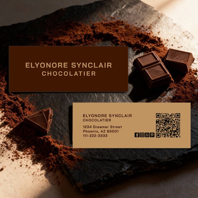 Cartão De Visita Mini Elegant Brown Chocolatier Social Icon QR Code  (Criador carregado)