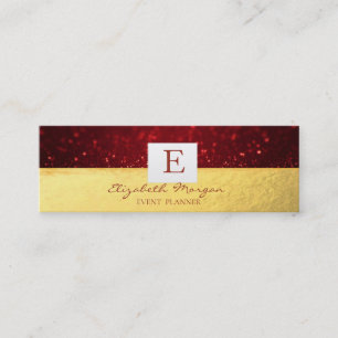 Cartão De Visita Mini Elegante Moderno Monograma Dourado,Brilho Vermelho