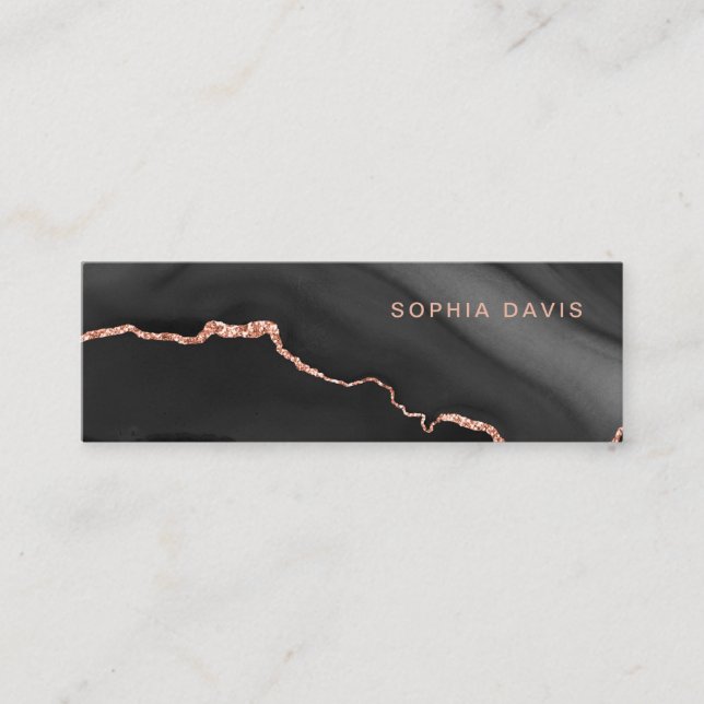 Cartão De Visita Mini Elegante Preto Agate com Faux Rosa Dourado (Frente)