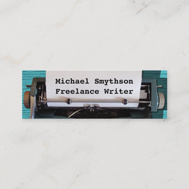 Cartão De Visita Mini Escritor Autora Retro Typewriter on Blue Wood 2 (Frente)
