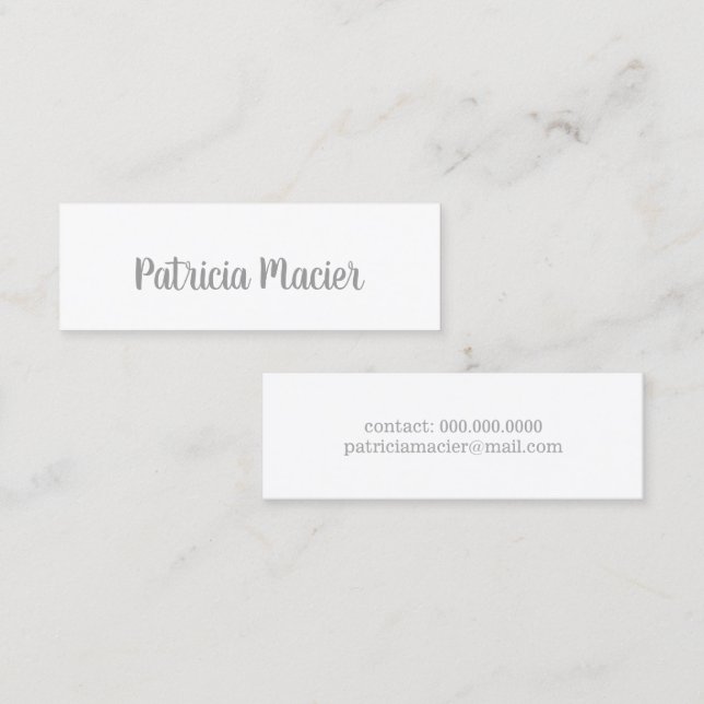 Cartão De Visita Mini estilo script-fonte mínimo elegante e branco moder (Frente/Verso)