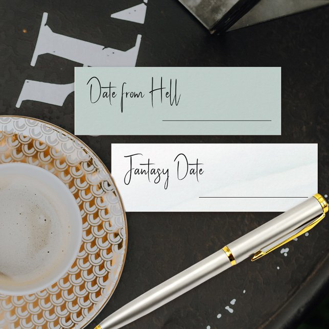 Cartão De Visita Mini Fantasy Data Green Wash Chá de panela Game Card (Fun bridal shower activity where guests can suggest a celebrity for a fantasy date or date from hell)