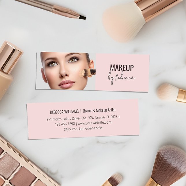 Cartão De Visita Mini Fonte de Script Rosa Moderno para Fotografia de Ar (Modern blush pink design with script typography and customizable photo for makeup businesses)