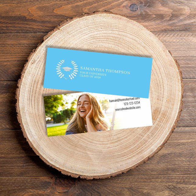 Cartão De Visita Mini Formando Name Card Photo Elegant Carolina Blue (Graduation simple name card with photo template in Carolina blue school color theme.)