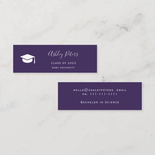 Cartão De Visita Mini Graduação simples de boné branco roxo (Frente/Verso)