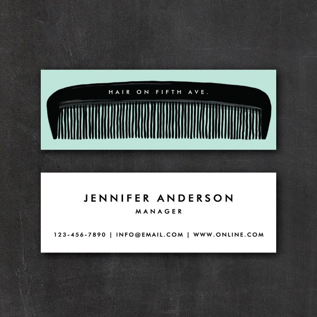 Cartão De Visita Mini Hand-drawn Comb Aqua & Black Hair Stylist   (Criador carregado)