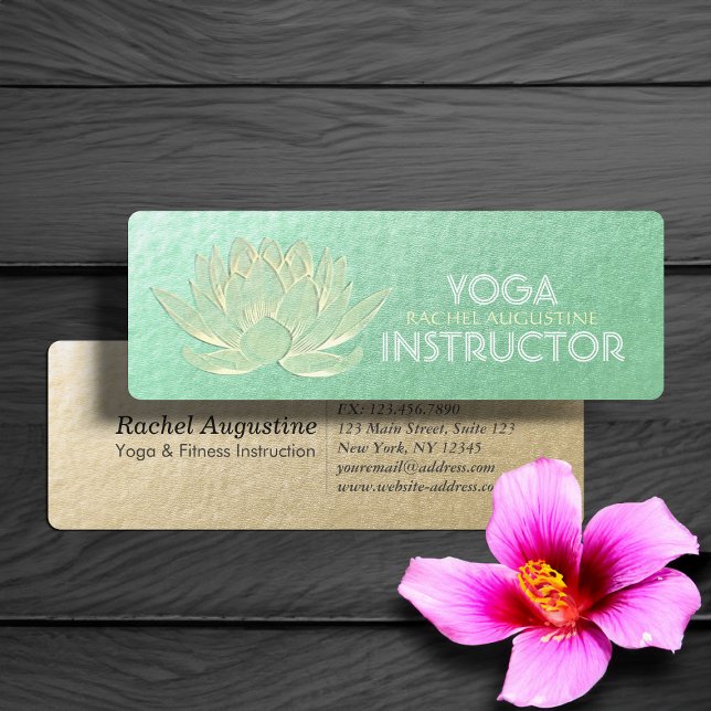 Cartão De Visita Mini Instrutor de Meditação Lótus Yoga Dourada Verde (Criador carregado)