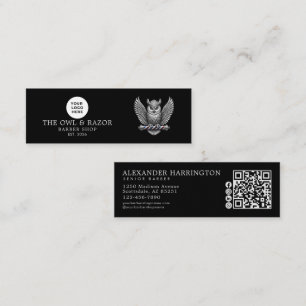 Cartão De Visita Mini Logotipo da Coruja Prata Loja de Barbeiro Ícones S