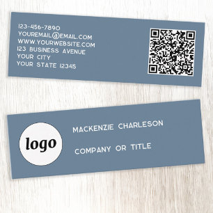 Cartão De Visita Mini Logotipo Simples e Código QR Cinza Azul Empoeirado