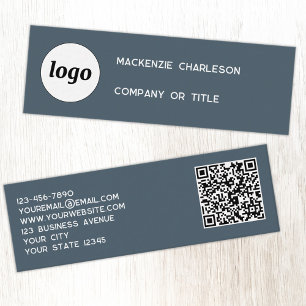 Cartão De Visita Mini Logotipo Simples e Código QR Cinza Carvão