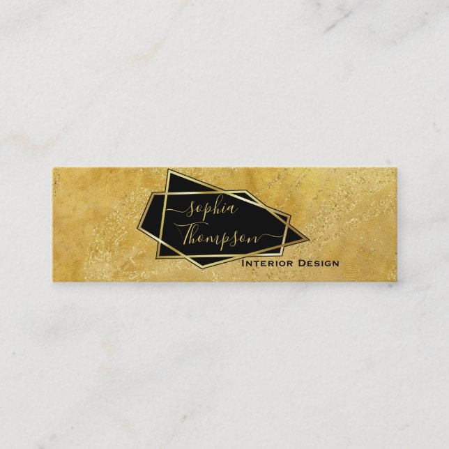 Cartão De Visita Mini Luxuoso Glitter Dourado Mármore Elegante Script (Frente)