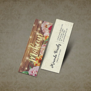 Cartão De Visita Mini Madeira Floral String Luzes Douradas Script Makeup