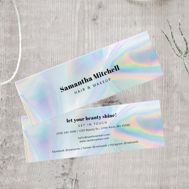 Cartão De Visita Mini Maquiagem de Beauticista Salão Iridescente Moderno (Modern Mini Holographic Business Card)