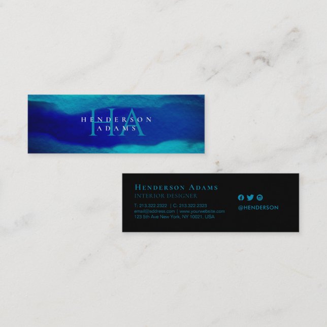 Cartão De Visita Mini Marinho  Azul Aquarela Abstrato ondulado Monograma (Frente/Verso)