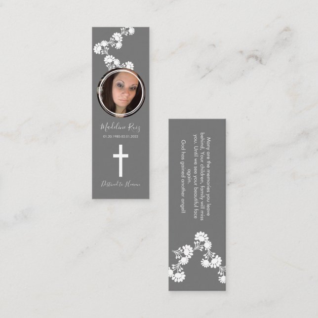 Cartão De Visita Mini Memorial Funeral Cross Foto Floral Motif Bookmark (Frente/Verso)