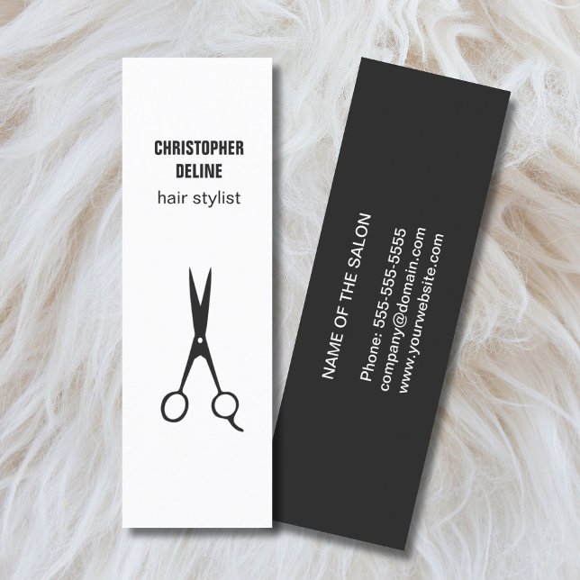 Cartão De Visita Mini Minimalist Black and White Scissor Hair Stylist (Criador carregado)