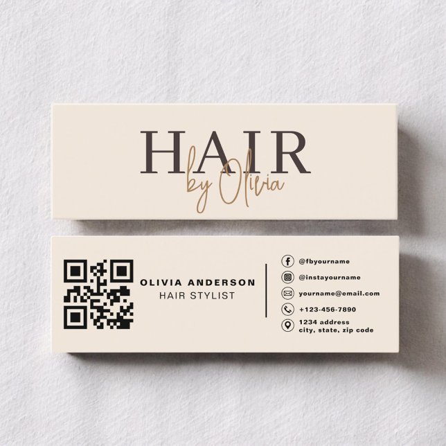 Cartão De Visita Mini Modern Neutral Beige QR Code Hair Stylist (Criador carregado)