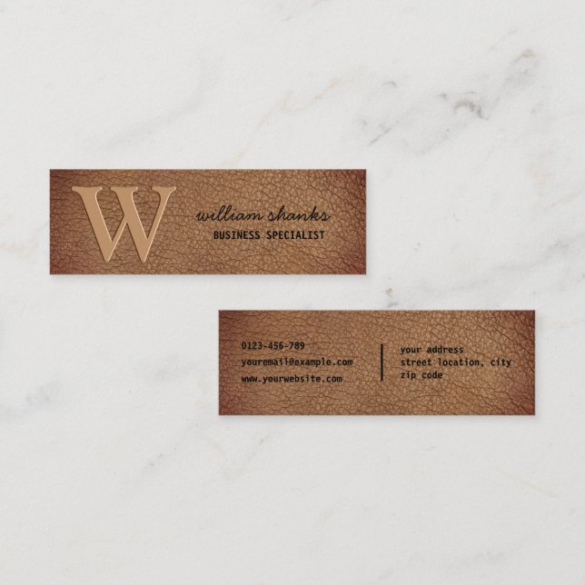 Cartão De Visita Mini Monograma rustico couro marrom script preto (Frente/Verso)