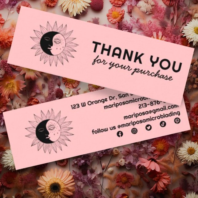 Cartão De Visita Mini Moon & Sun Elegant Customer Order Obrigado Chic (Custom mini business card thank you for your order with sun and moon design and social media icons)