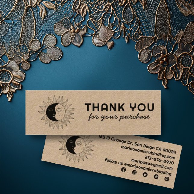 Cartão De Visita Mini Moon & Sun Elegante Cliente Obrigado Kraft (Kraft mini thank you for your order business cards to include with customer orders. Social icons sun)
