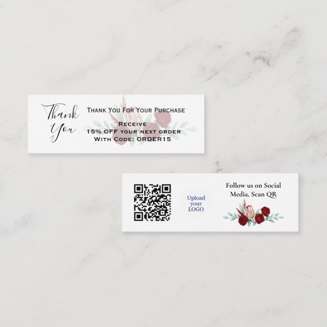Cartão De Visita Mini Obrigado Código de Desconto Floral QR Inserir (Frente/Verso)