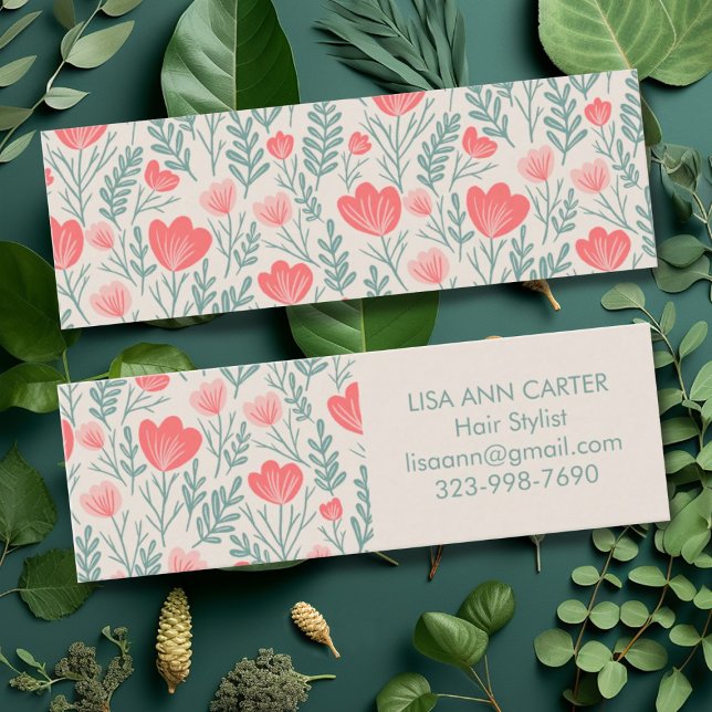 Cartão De Visita Mini Padrão Botânico Floral Suave Rosa e Verde (Mini floral custom business cards in green and pink)