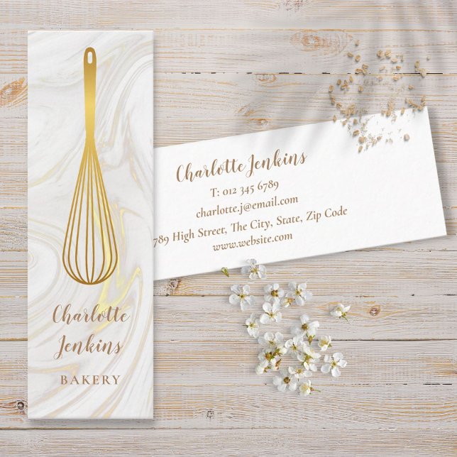 Cartão De Visita Mini Patisserie Chef Marble Swirls Dourado Whisk (Patisserie Chef Marble Swirls Gold Whisk Mini Business Card)