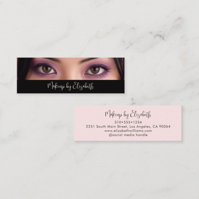 Cartão De Visita Mini Photo Black Blush Pink Script Makeup Artist Modern (Frente/Verso)