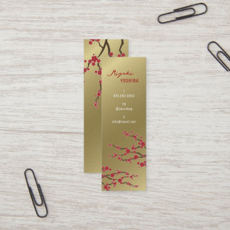 Cartão De Visita Mini Red Sakura Oriental Cherry Blossoms Na moda Dourad