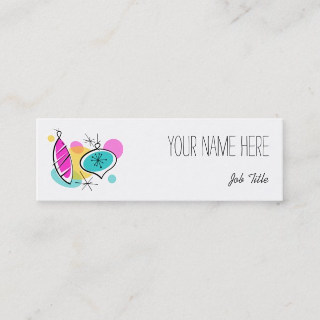 Cartão De Visita Mini Retro Tree Baubles Groups texto lateral fino (Frente)