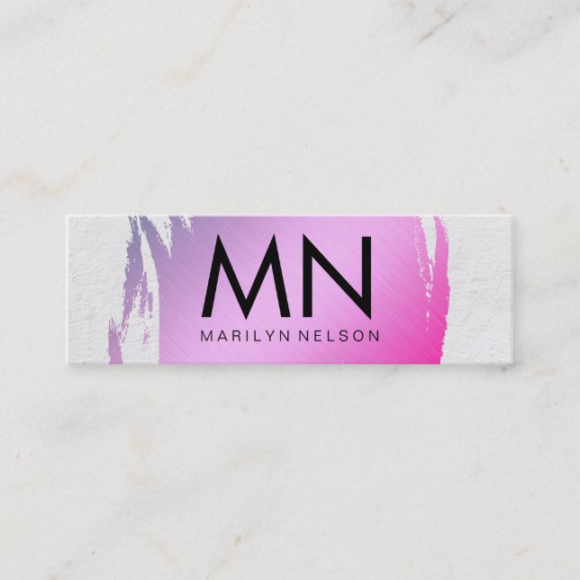 Cartão De Visita Mini Rosa Bruto com Textura Branca e Monograma Chic (Frente)