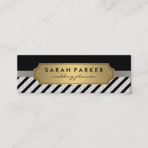 Cartão De Visita Mini Rótulo Dourado Metálico Faux Linen Black Stripes