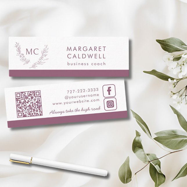 Cartão De Visita Mini Rua Monográfica Roxa (Dusky Purple Monogram Wreath Social Media Mini Business Card)
