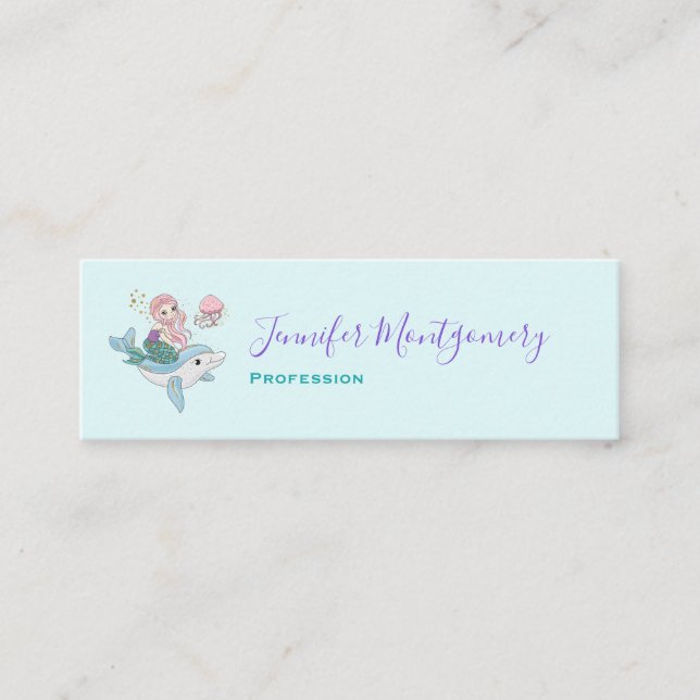 Cartão De Visita Mini Sereia Fofa Andando um Golfinho Sob o Mar (Frente)