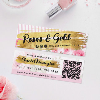 Cartão De Visita Mini Shabby Blush Watercolor Rosas Dourado Código QR So
