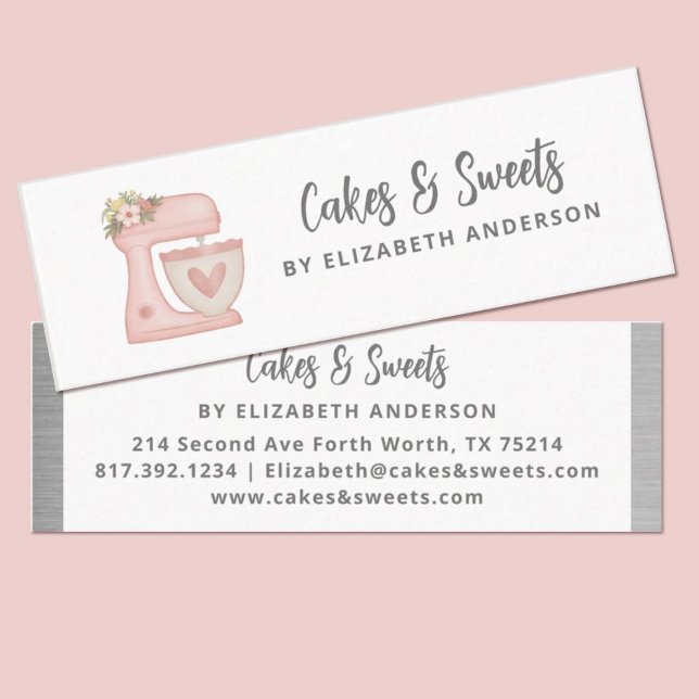 Cartão De Visita Mini Simple Pink Floral Cake Mixer Bakery (Cute pink kitchen stand mixer thin bakery business cards. Personalize them with your information)