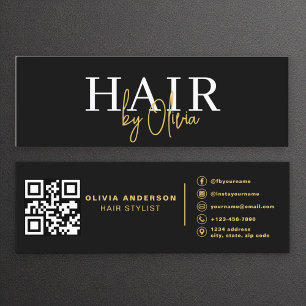 Cartão De Visita Mini Tipografia de Stair do Código QR Preto Dourado Mod