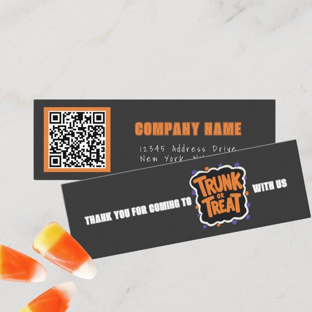 Cartão De Visita Mini Tronco ou Trate Cinzas Halloween Obrigado (Mini Dark Grey Halloween Business QR Thank You Cards for Trick or Trunk or Treating. Pack of 100)