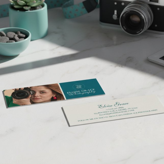 Cartão De Visita Mini Turquoise Modern Photo Photographer  (This modern, mini business card features horizontal headshot photo and professional typography!)